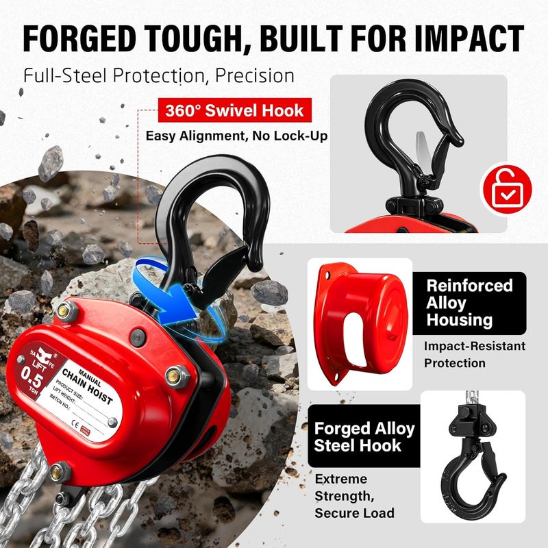 SALIFTFE 1/2 Ton Hand Chain Hoist, Compact & Lightweight Manual Chain Block 1100 lbs Working Load for Garage Automotive Mower Maintenance & DIY Lifting (1/2 TON | 10FT) - Image 5